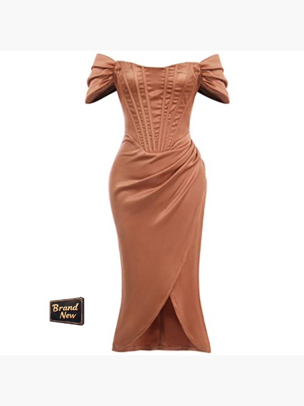 Off Shoulder Split Corset Satin Dress Strapless Backless High Slit Bodycon - Picture 3 of 6